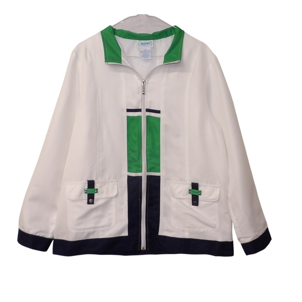 National Since 1952 Womens White Green Navy Colorblock Full Zip Jacket Large